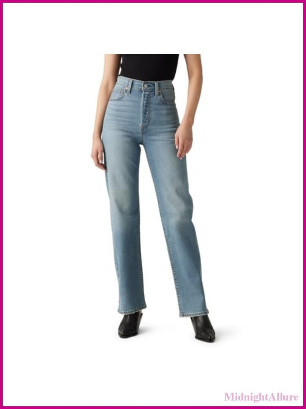 High Rise Straight Full Length Jeans Stretch Denim Casual
